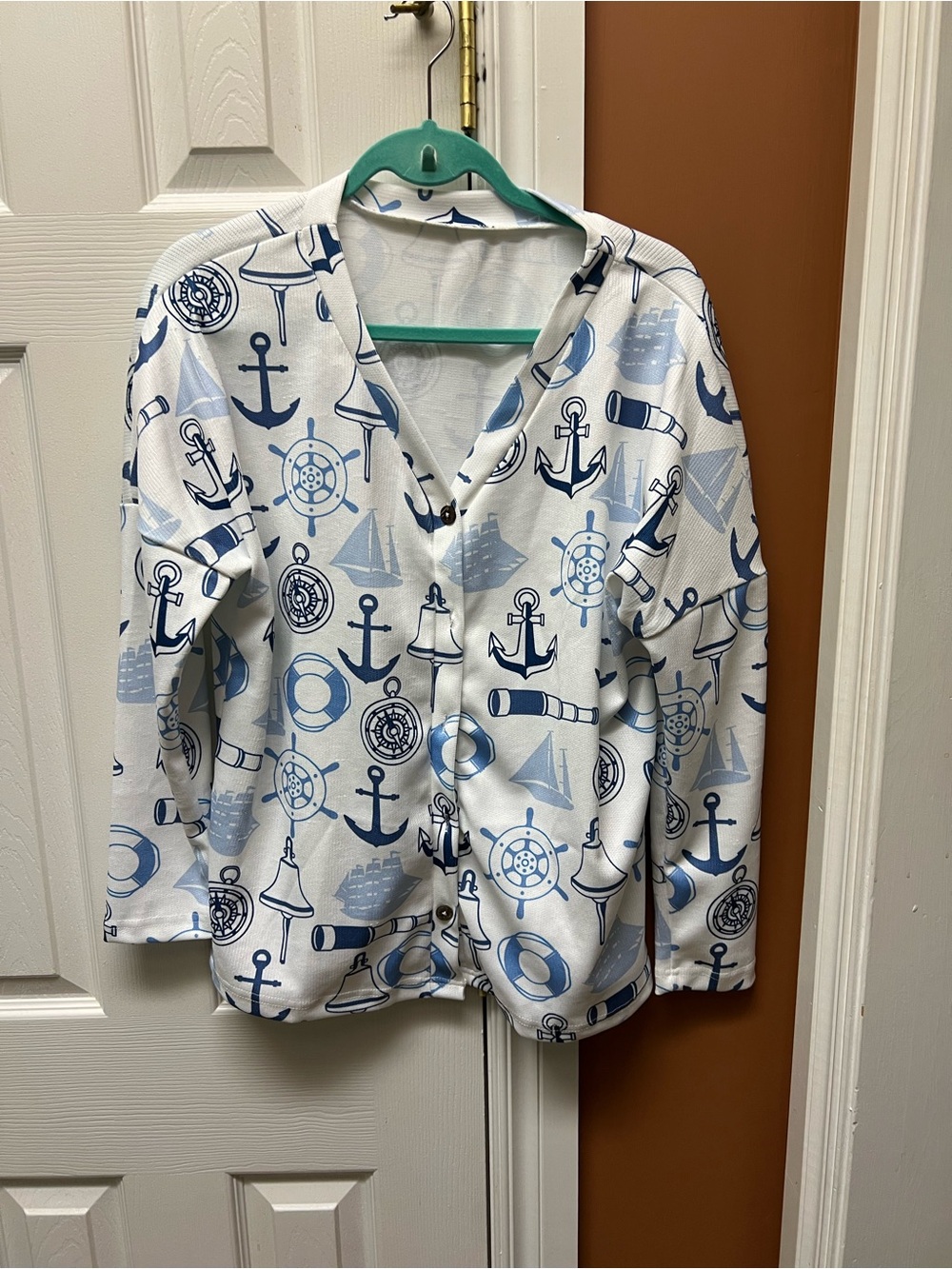 Blue & White Nautical Button-Up Shirt with Anchor Motif
